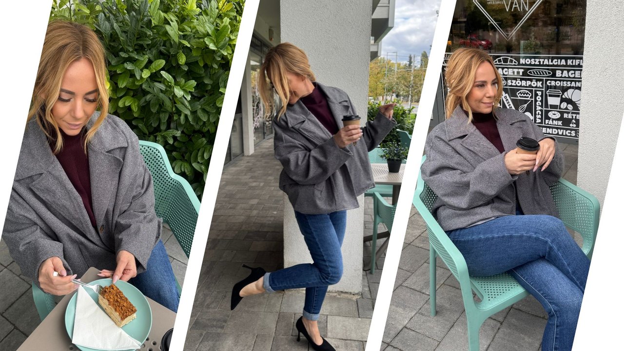 Szürke halszálkás női blézer skinny farmerrel és burgundi garbóval – Innova Fashion