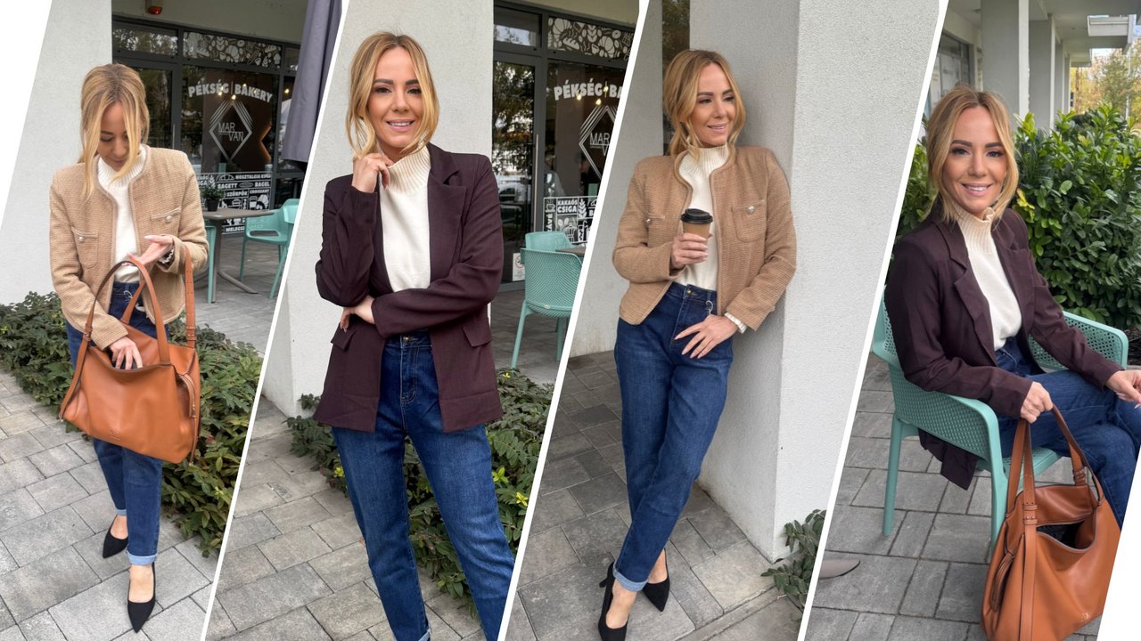 Karcsúsított női blézerek Mom fit farmerrel és ekrü garbóval – Innova Fashion