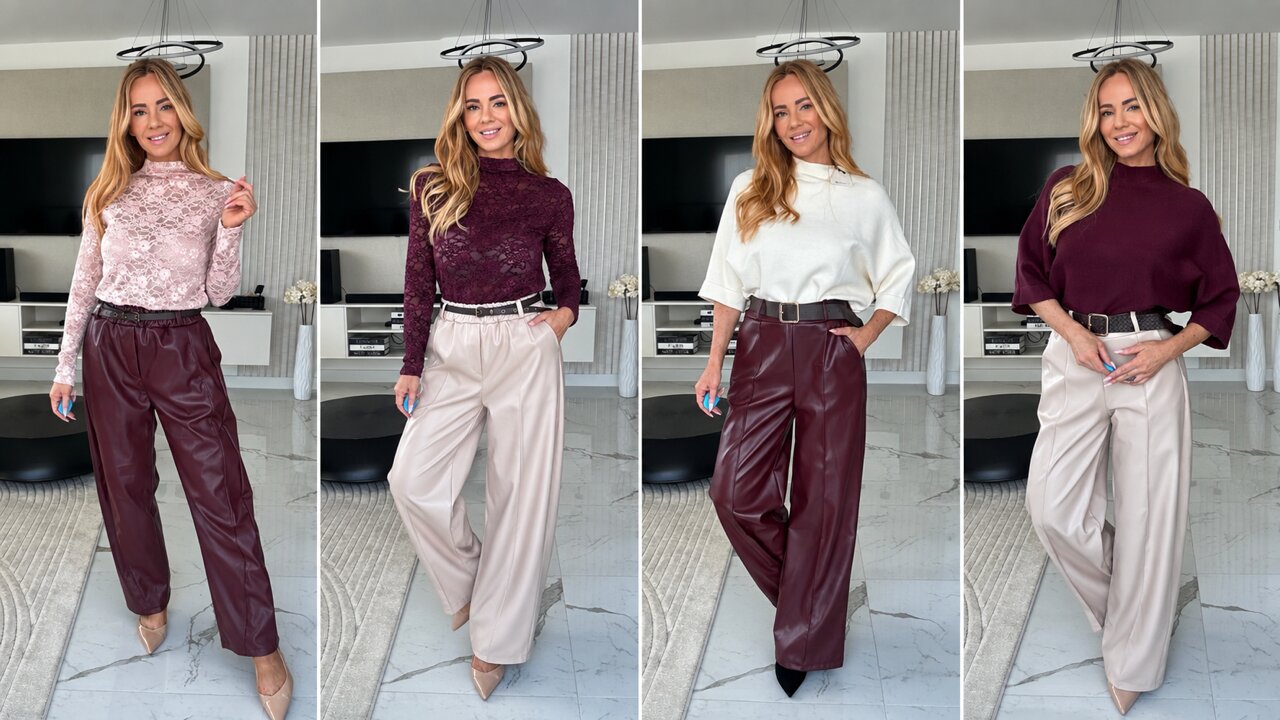 Bordó bőrhatású és bézs bő szárú női nadrágok őszi felsőkkel – Innova Fashion