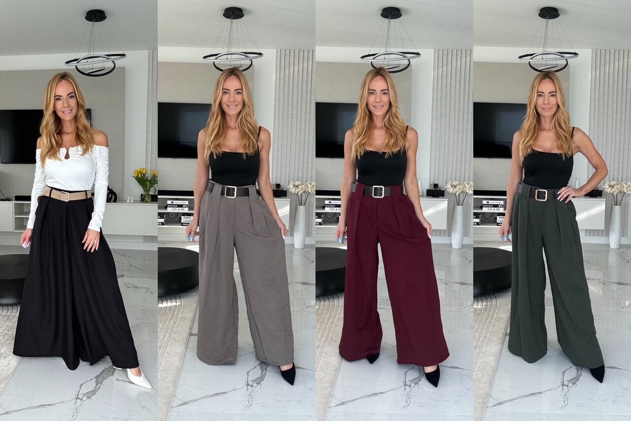Magas derekú, bő szárú női szövetnadrágok fekete, szürke, bordó és zöld színben – Innova Fashion
